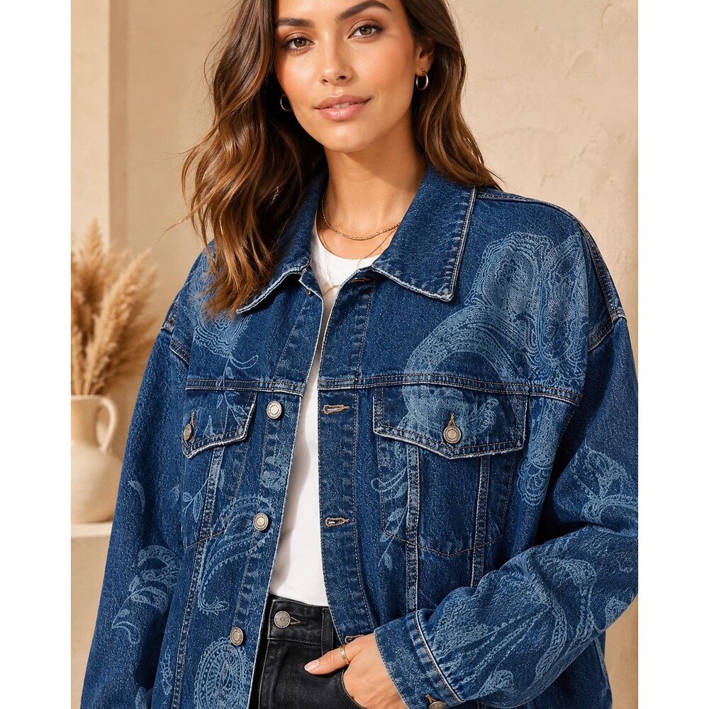 HUDSON Women’s New XS Trucker Jacket Brea Swing Blue Laser Paisley Denim Jean